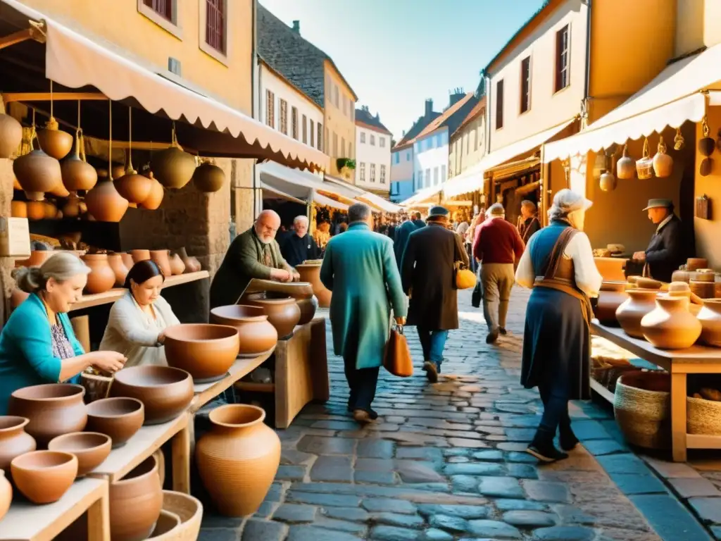 Una imagen de mercado artesanal con artesanos mostrando su trabajo tradicional