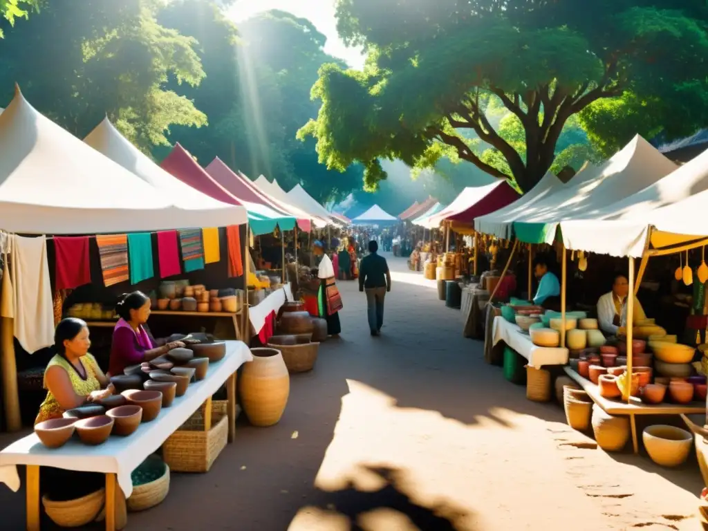 Una imagen de mercado artesanal autóctono en turismo cultural, con artesanos, textiles y cerámica de colores vibrantes, bañados por la luz del sol entre árboles