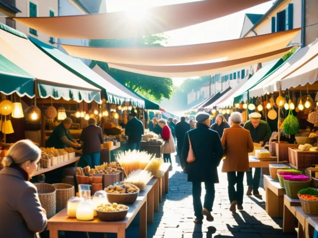 Imagen de mercado artesanal con coloridos productos hechos a mano, sol cálido y ambiente acogedor, evocando tendencias mercado artesanía digital