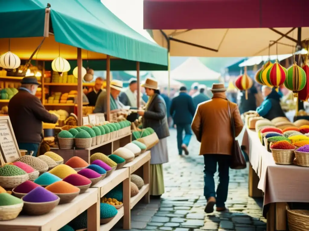 Imagen de mercado artesanal con productos coloridos y vendedores