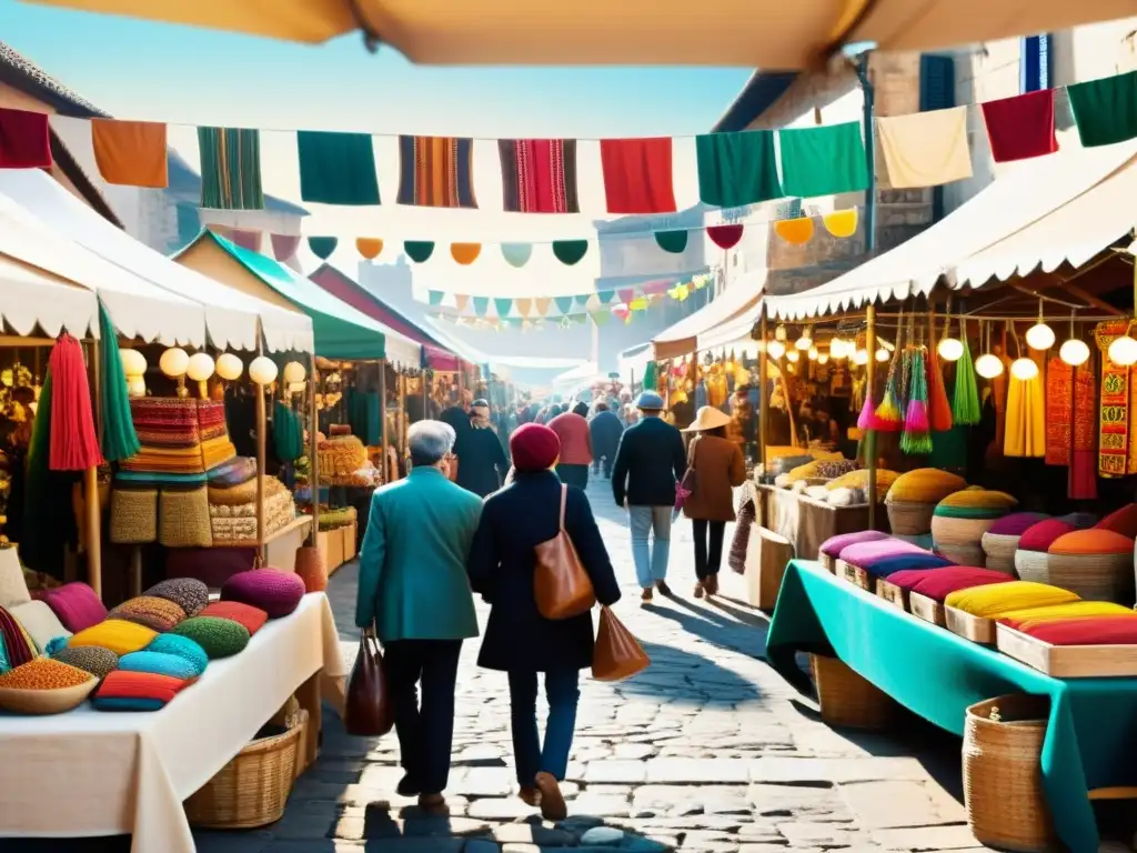 Imagen de mercado artesanal con talleres virtuales artesanía tradicional, colores vibrantes y ambiente cultural único