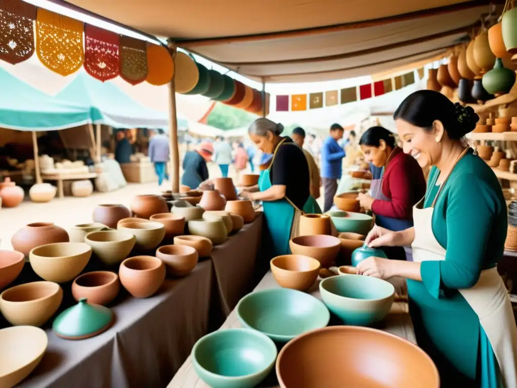 Una imagen de mercado artesanal tradicional con artesanos creando y exhibiendo tejidos, cerámica y bordados