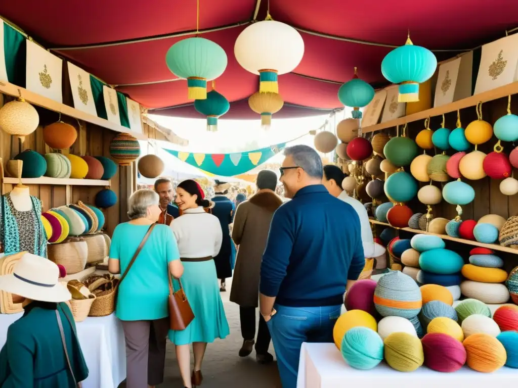 Imagen de un mercado artesanal vintage con productos únicos, colores vibrantes y detalles intrincados