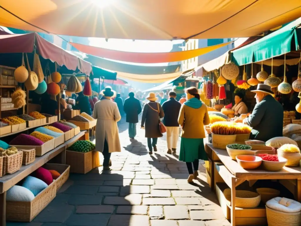 Imagen de mercado local vibrante con artesanía digital economías locales, colores vivos y atmósfera acogedora y nostálgica