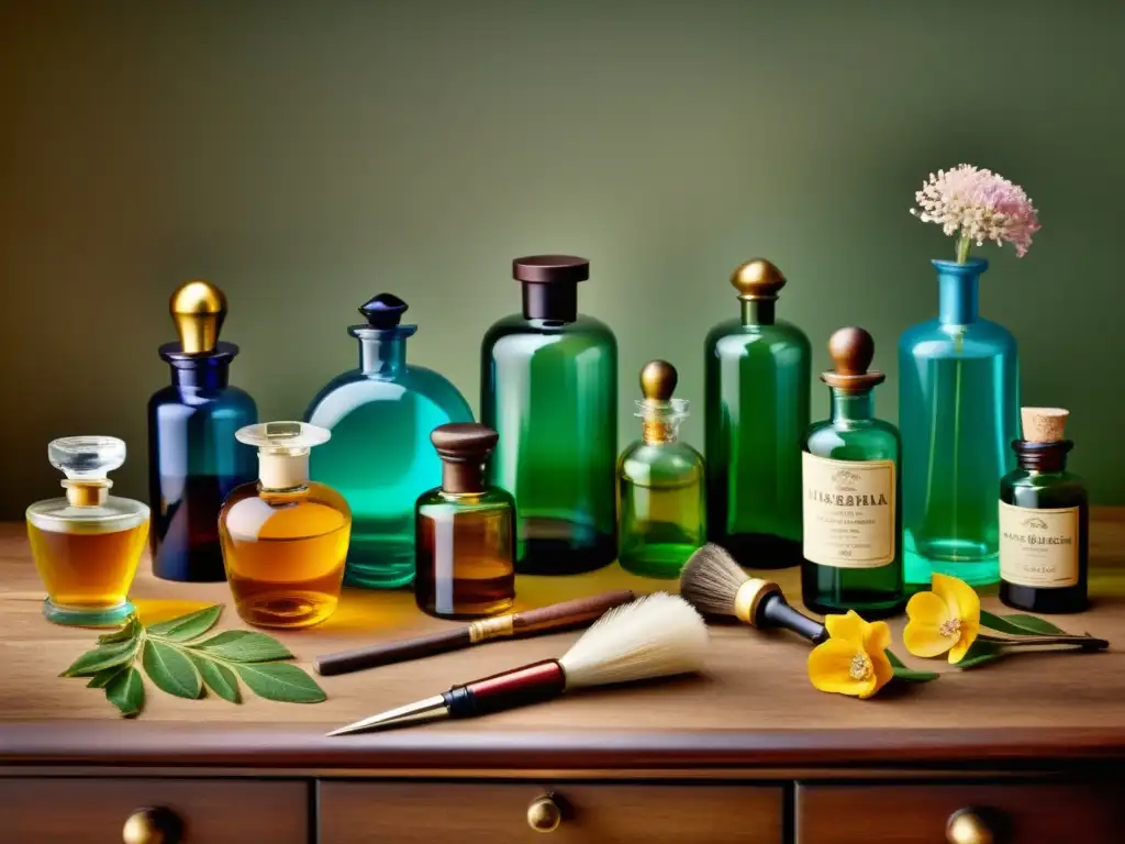 Una imagen de una mesa de boticario vintage con botellas de perfume, ingredientes florales y herramientas antiguas