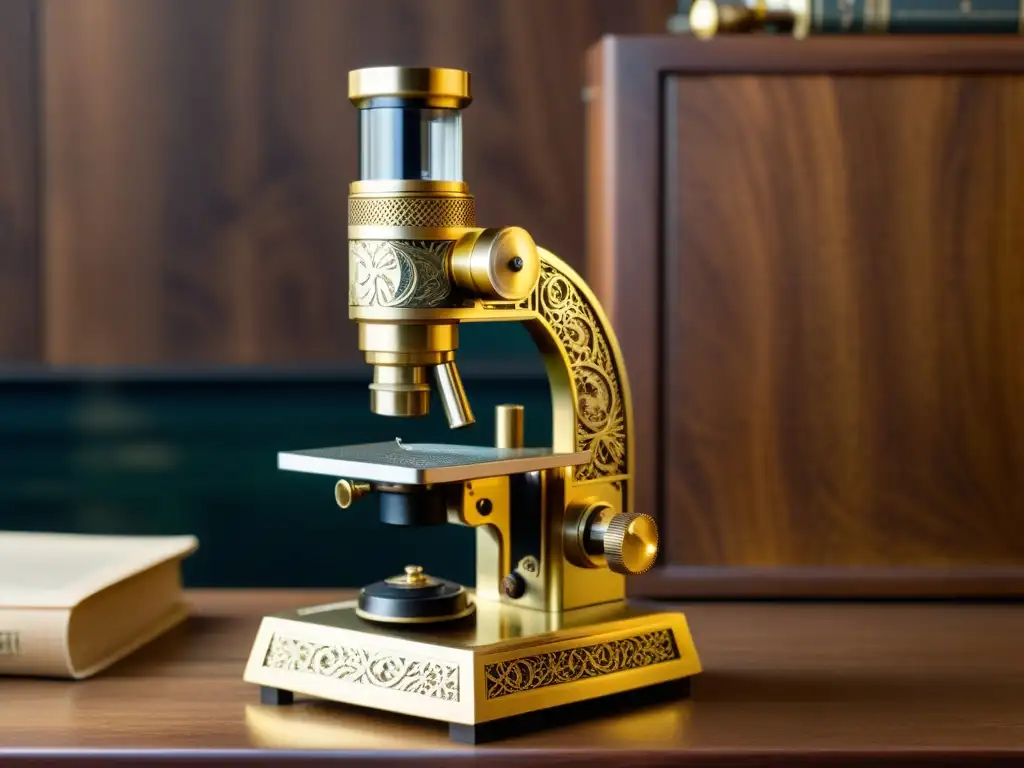 Microscopio vintage: detalles y texturas únicas Una imagen de un microscopio vintage con detalles de latón, iluminado suavemente sobre un fondo de madera oscura
