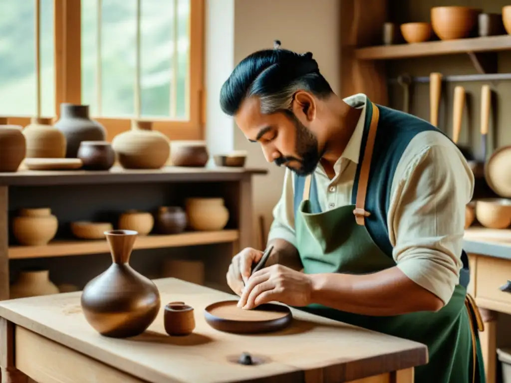 Imagen nostálgica de un artesano hábil, creando un producto sostenible a mano en un taller acogedor