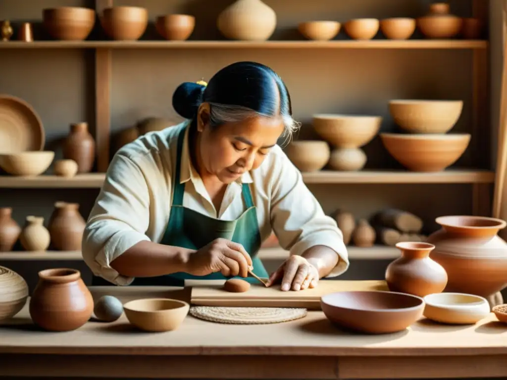 Una imagen nostálgica de un artesano tradicional trabajando en su estudio, rodeado de materiales naturales