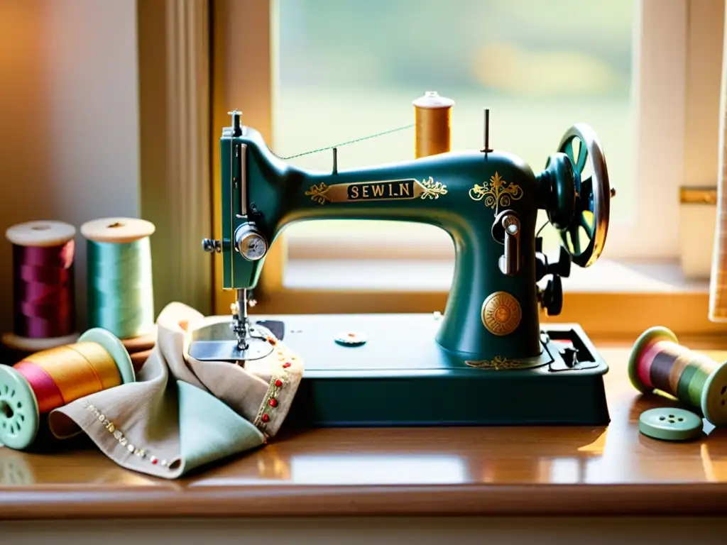 Una imagen nostálgica de una máquina de coser vintage rodeada de hilos y telas, evocando la artesanía y la creatividad