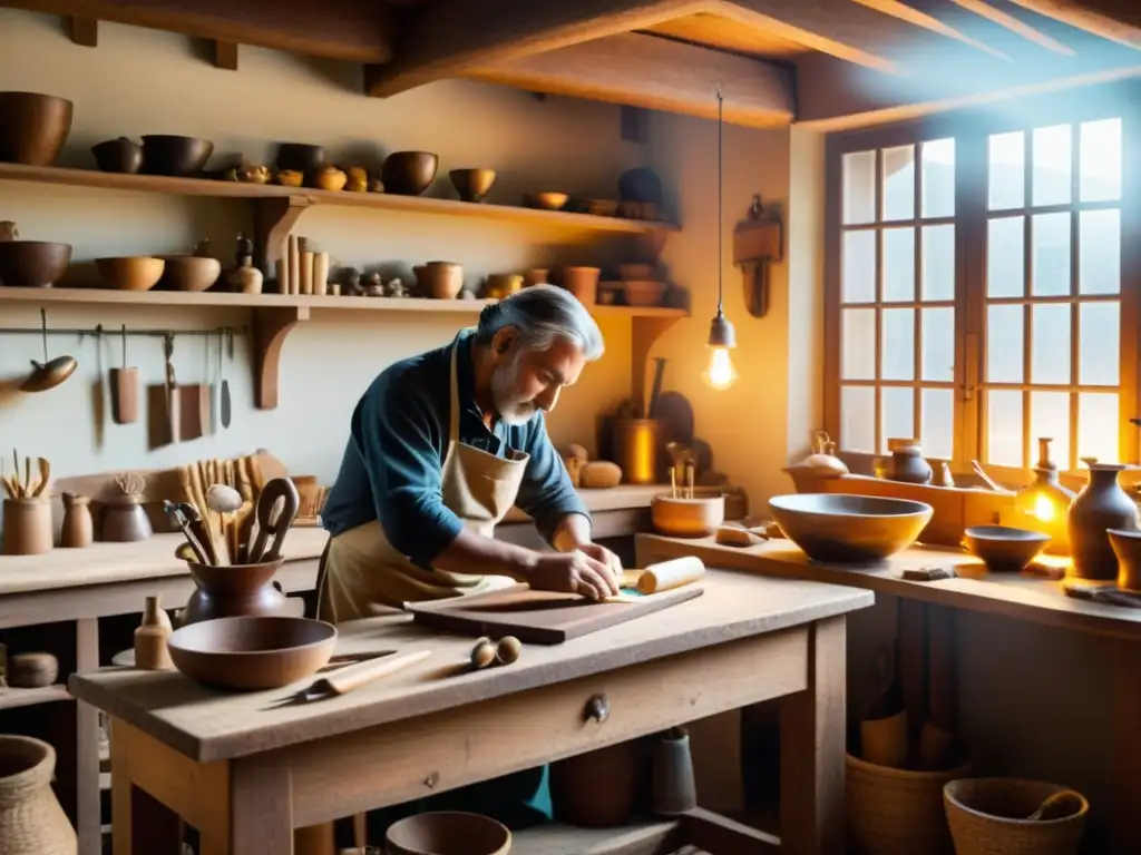 Imagen nostálgica de un taller artesanal con luz cálida, artesanos y herramientas detalladas