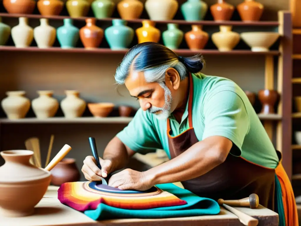 Imagen nostálgica de un taller artesanal con un artesano trabajando en una pieza de cerámica detallada