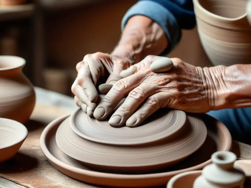 Imagen de transmisión de sabiduría artesanal entre generaciones, el anciano y el joven trabajando juntos en alfarería