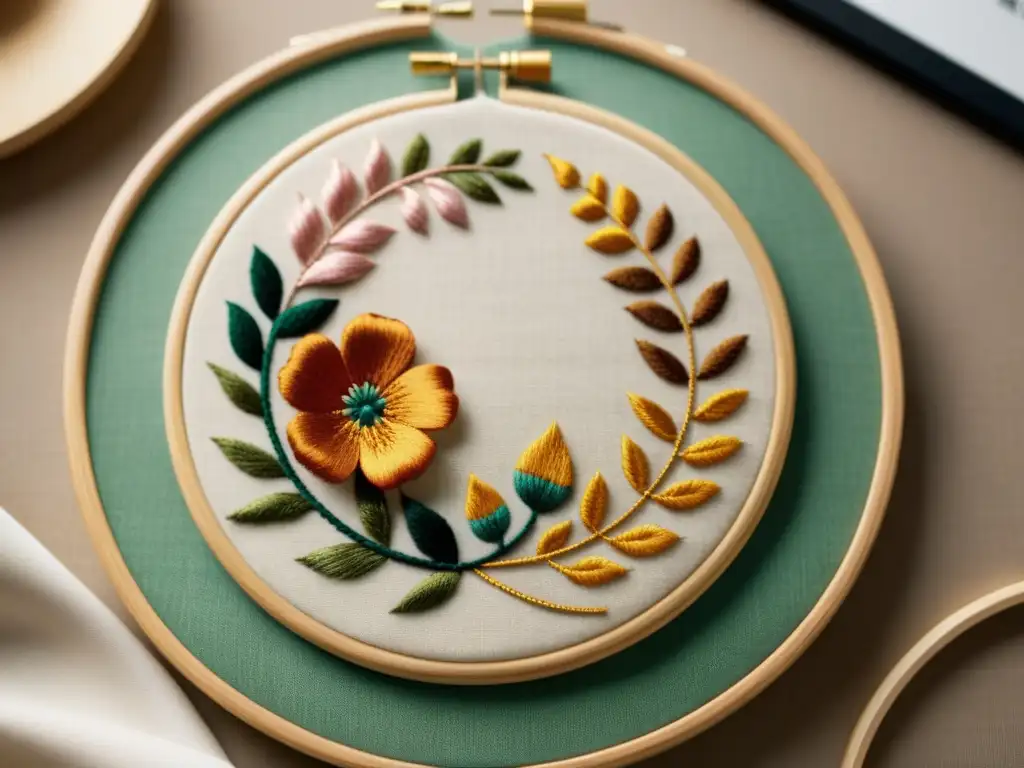 Bordado tradicional y diseño digital: arte en paralelo La imagen muestra la simbiosis entre bordado tradicional y diseño, con un aro de bordado vintage y gráficos digitales contemporáneos