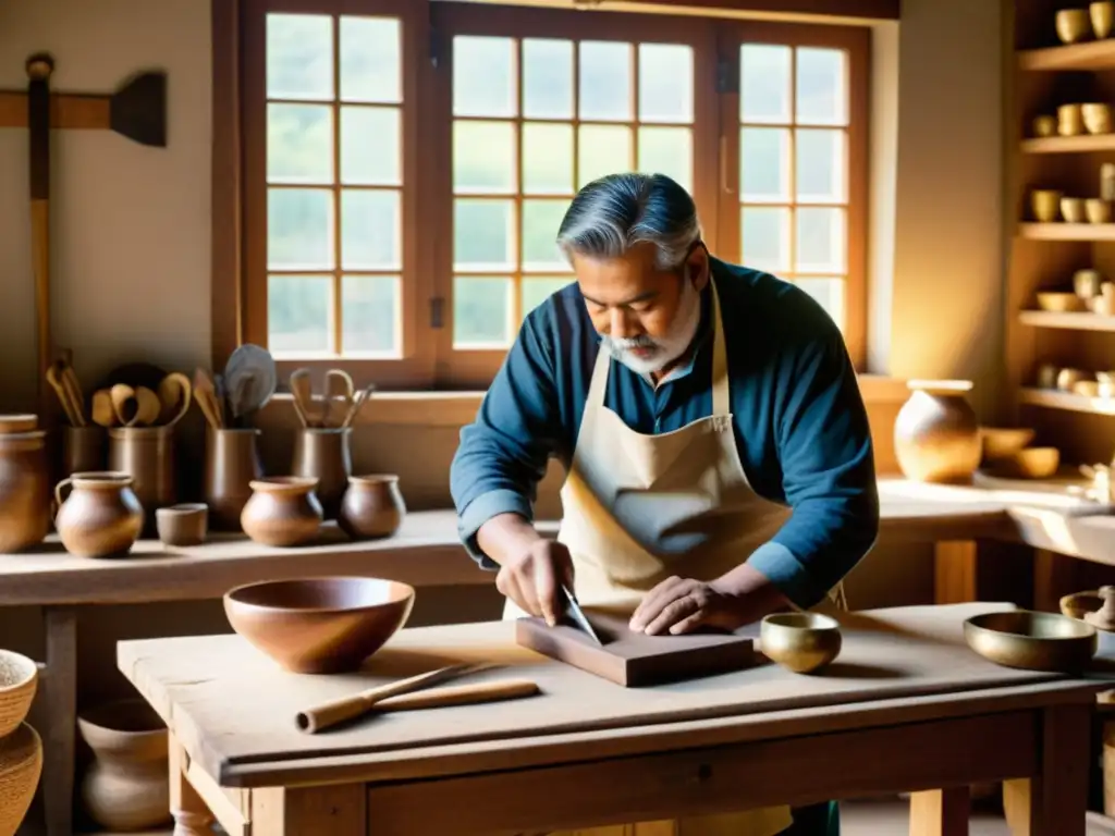 Imagen de taller artesanal tradicional con artesanos trabajando en detalladas manualidades, iluminados por cálida luz natural