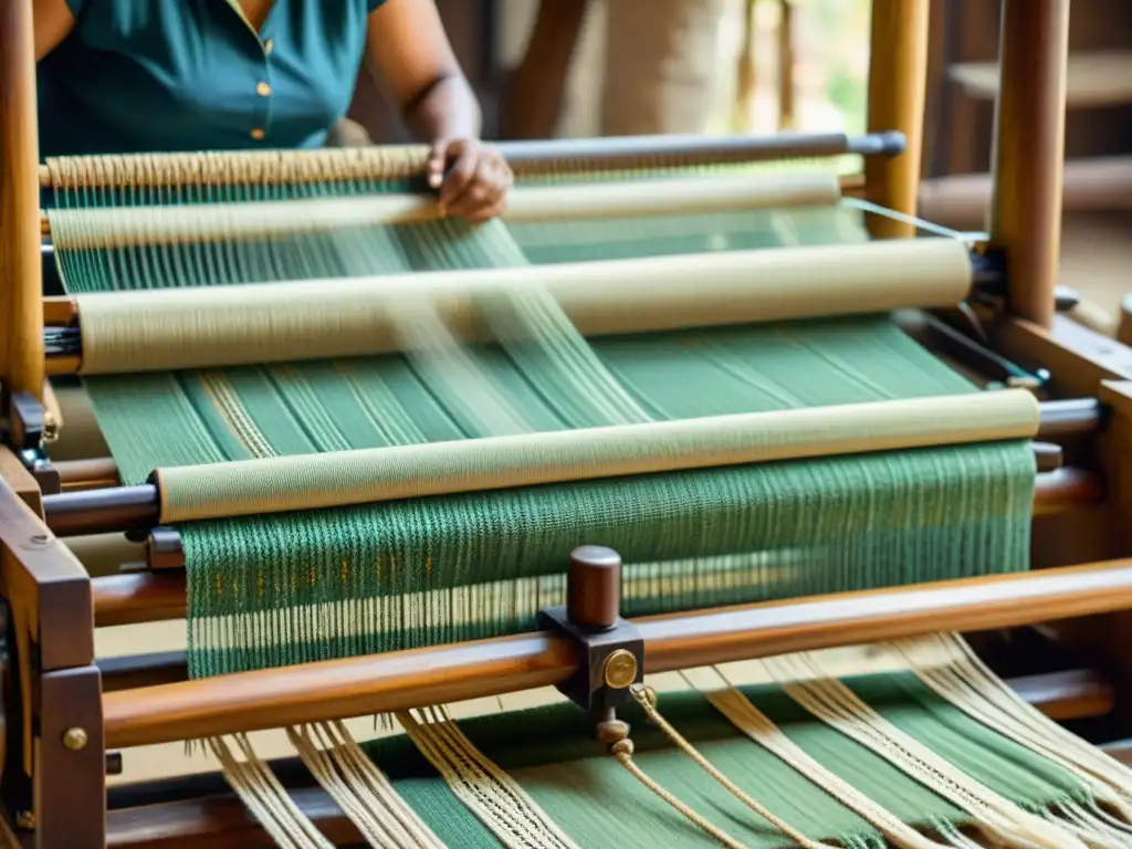 Imagen sepia de un telar tradicional con patrones textiles tejidos a mano, fusionando la inteligencia artificial en patrones textiles artesanales