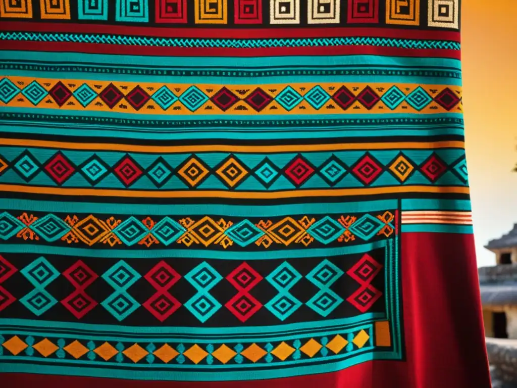 Imagen de un textil maya tradicional con patrones geométricos y colores vibrantes, integrando técnicas ancestrales en su diseño gráfico