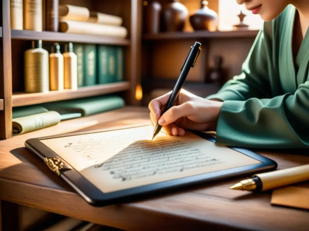 Una imagen vintage de un calígrafo creando letras ornamentadas con una pluma digital en una tableta, rodeado de herramientas antiguas y pergaminos