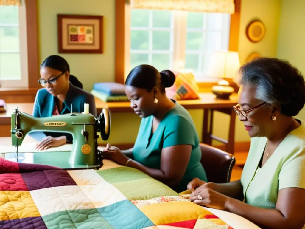 Una imagen vintage de comunidades de quilting online compartiendo creatividad y camaradería en un acogedor taller de costura iluminado