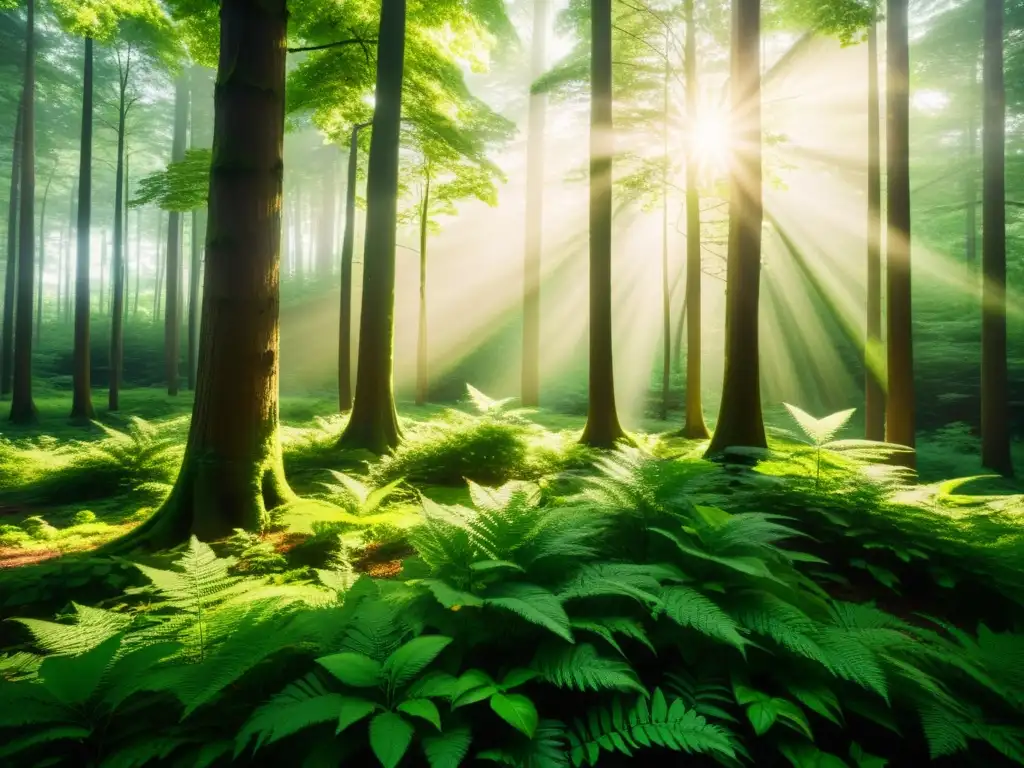 Imagen vintage de un exuberante bosque con luz solar filtrándose a través del dosel, creando sombras moteadas en el suelo del bosque