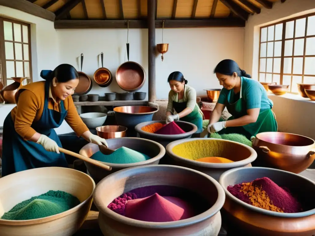 Imagen vintage de un taller de teñido textil artesanal con ricos colores y herramientas de madera