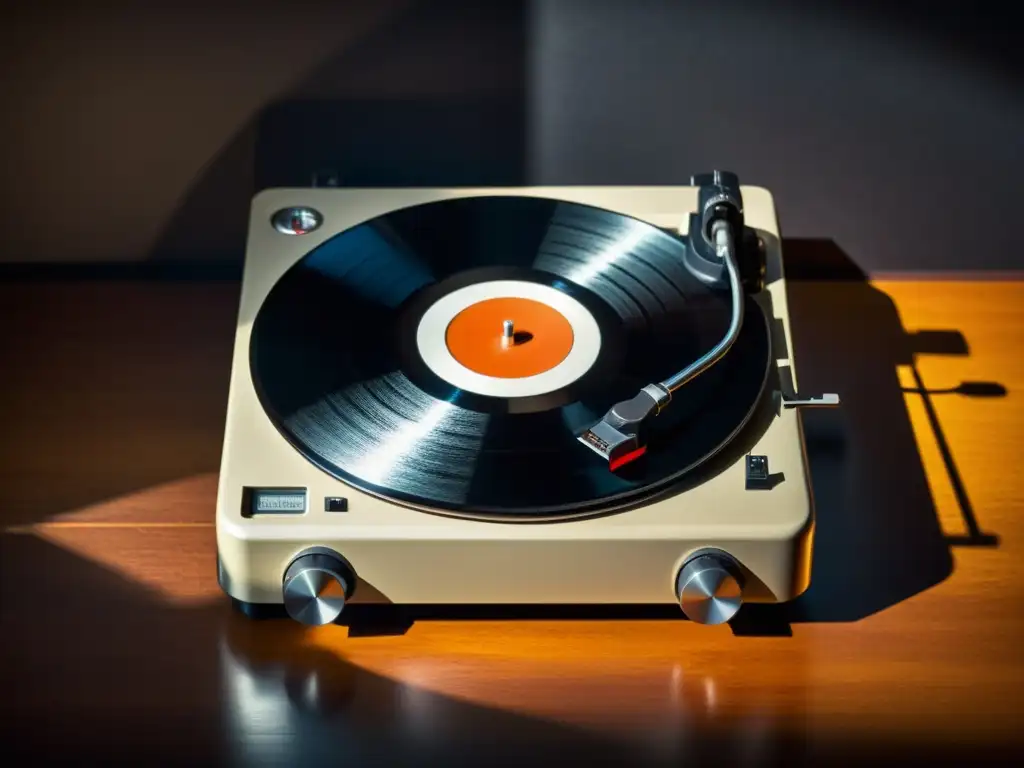 Un impactante retrato vintage de una cámara clásica o tocadiscos retro, resaltado por sombras profundas