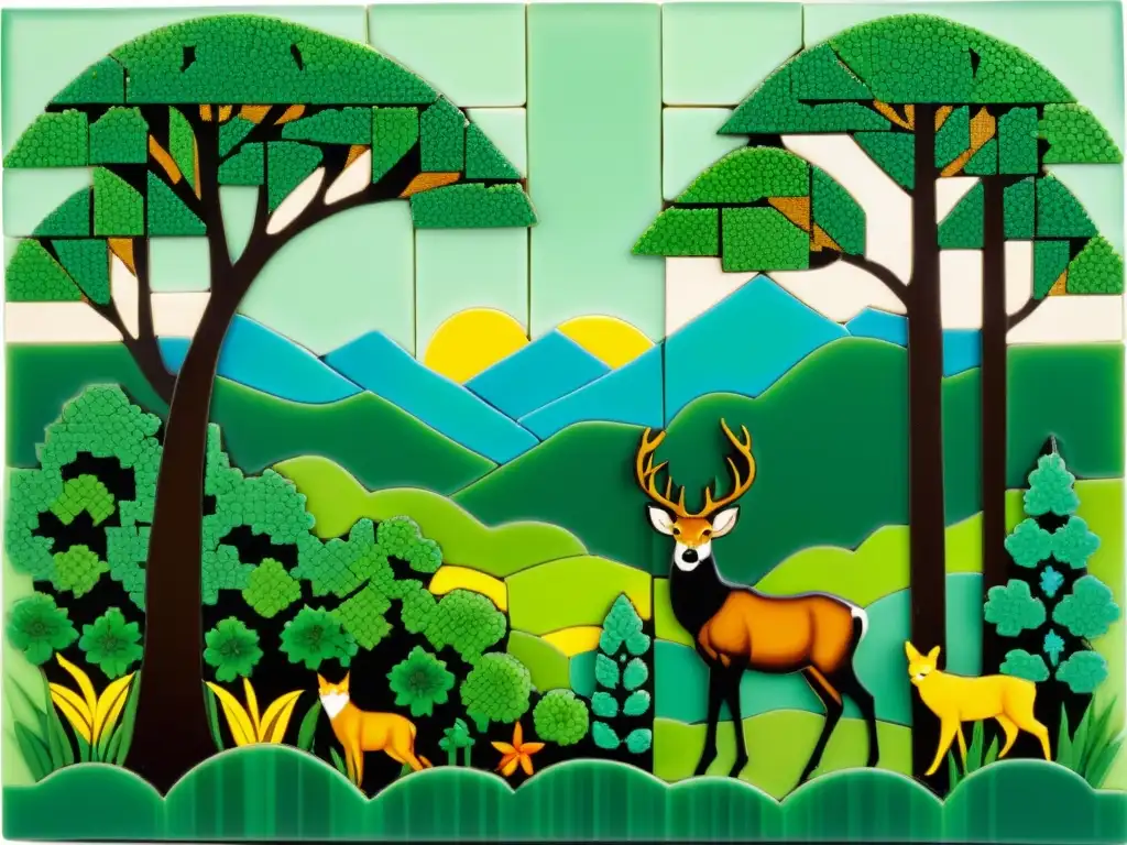 Impacto ambiental combinando tecnología cerámica: Mosaico cerámico vintage detallado de exuberante bosque con flora y fauna vibrante en armonía
