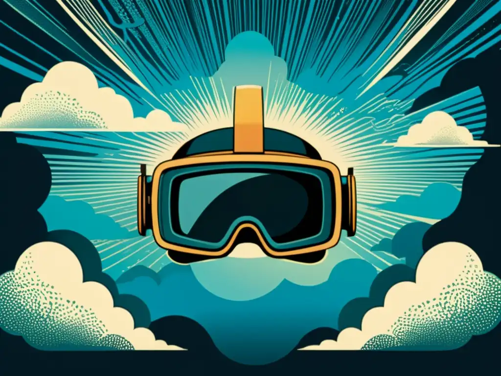 Una impresión artística en realidad virtual con técnica vintage, fusionando arte y tecnología en un paisaje etéreo