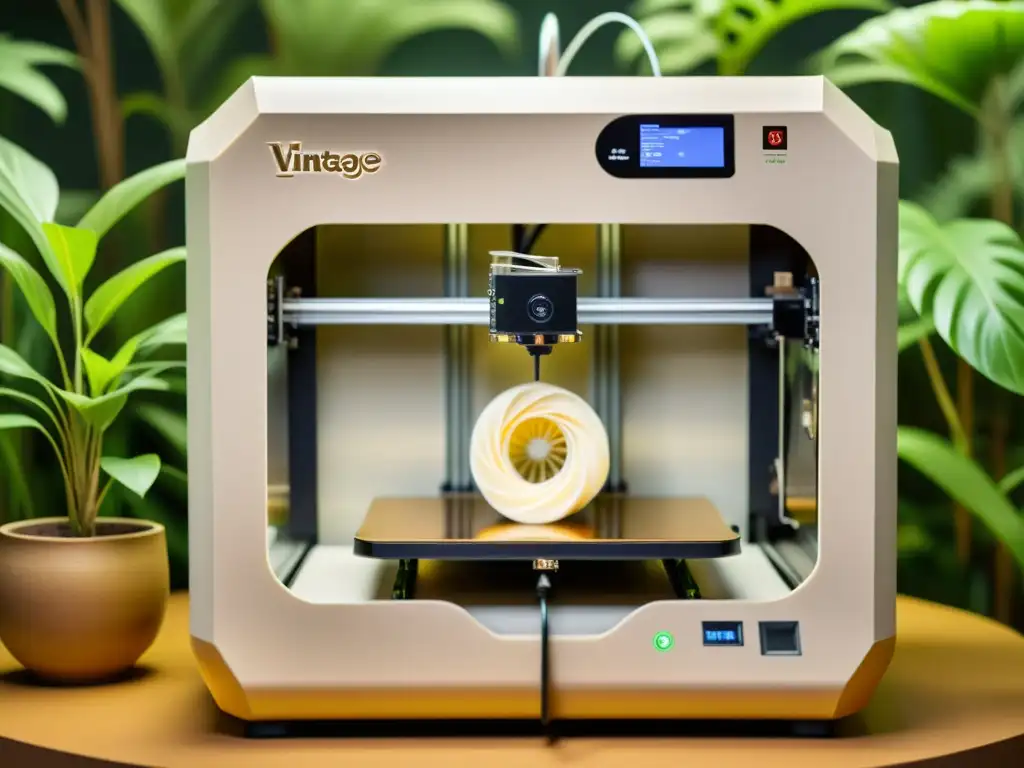 Una impresionante impresora 3D vintage usando materiales biodegradables para crear diseños sostenibles, rodeada de exuberante vegetación