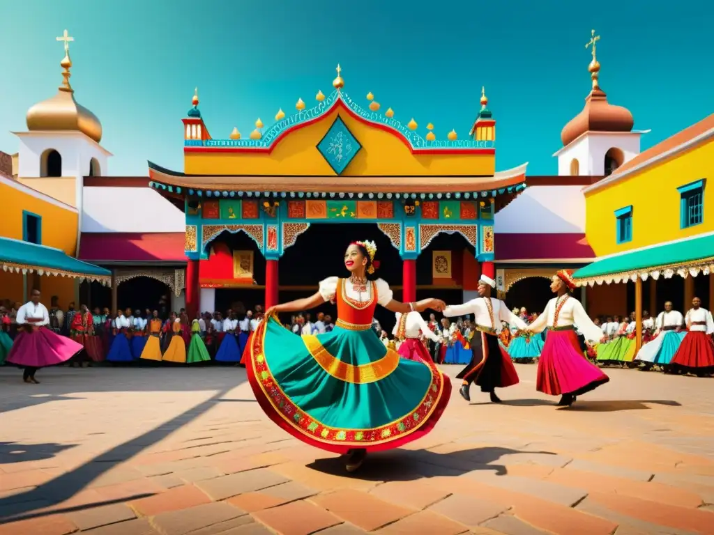 Una impresionante obra de arte digital inspirada en el folclore, que muestra una animada danza tradicional en una plaza