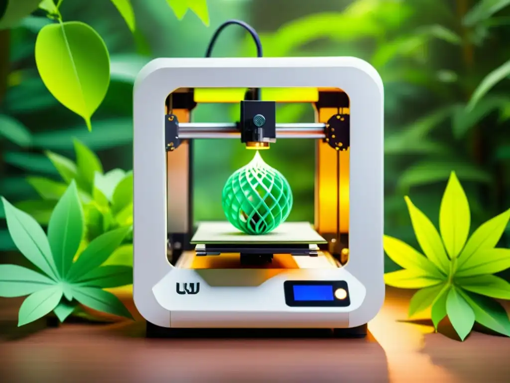 Una impresora 3D crea esculturas de filamento biodegradable en un entorno natural, destacando la innovación en materiales biodegradables