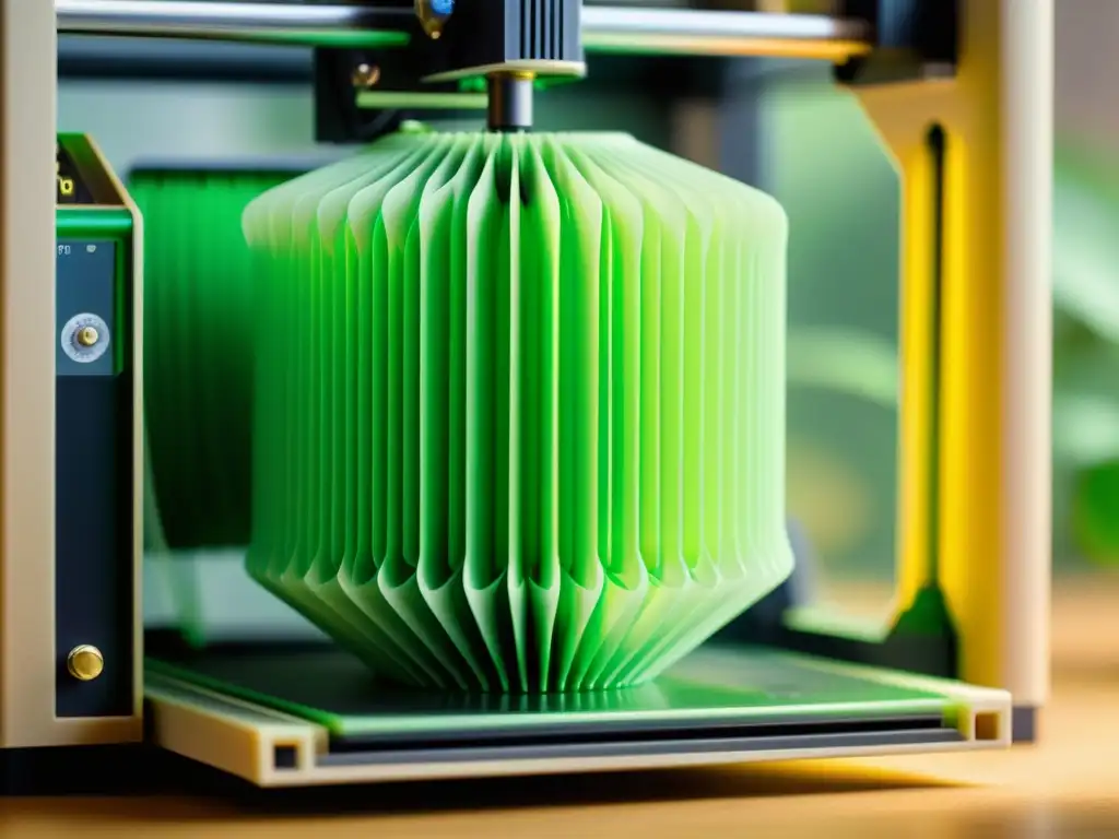 Una impresora 3D vintage extruye filamento verde biodegradable, creando capas intrincadas