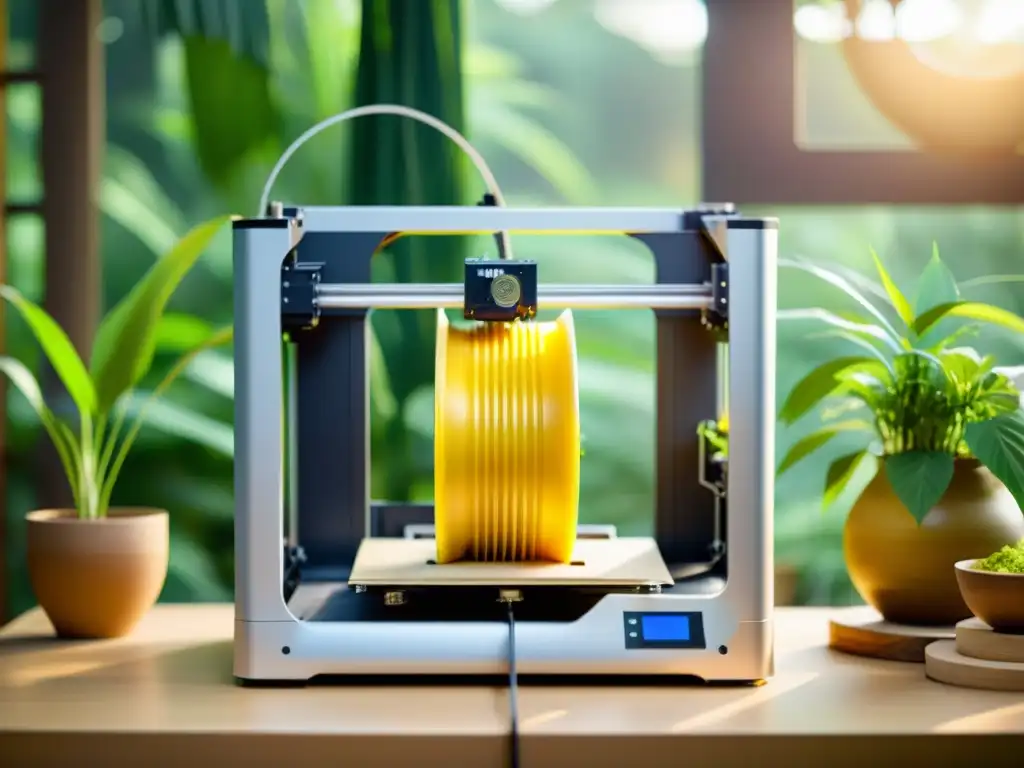 Una impresora 3D vintage imprime con materiales biodegradables innovadores, rodeada de naturaleza y arquitectura sostenible en una cálida luz dorada