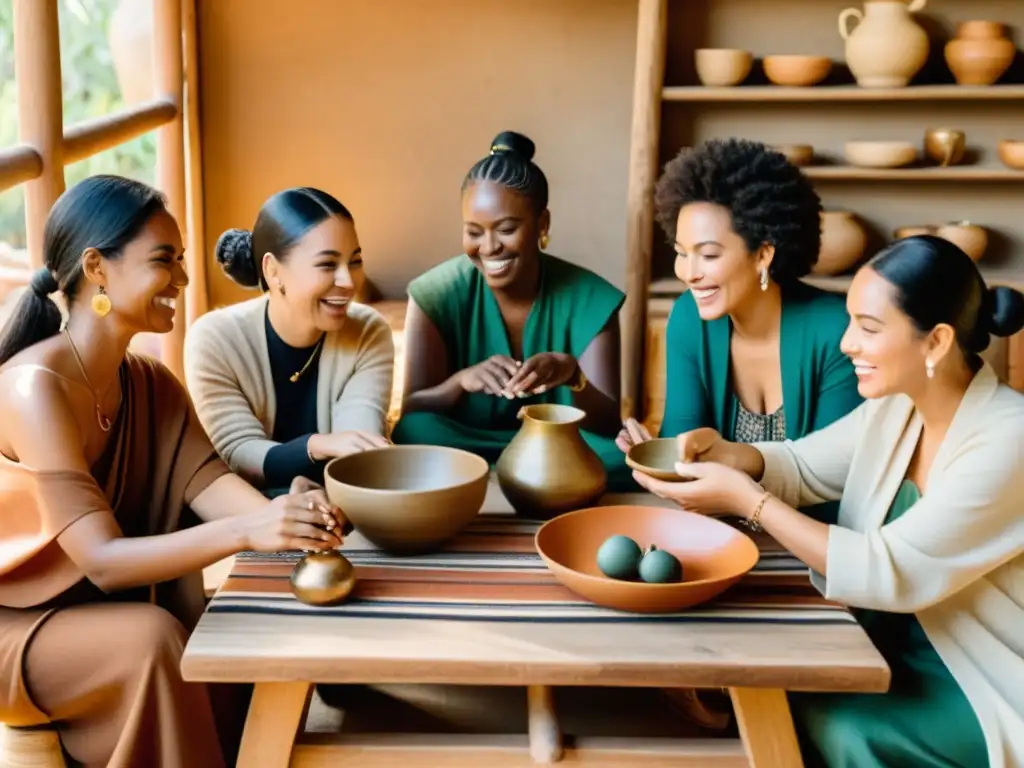 Influencers colaborando con artesanías en una mesa rústica rodeada de textiles, cerámica y joyería artesanal