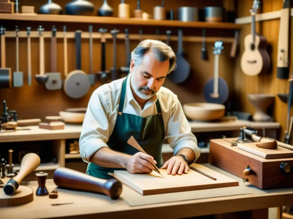 Un luthier crea un instrumento con herramientas digitales y tradicionales en un taller cálido y nostálgico