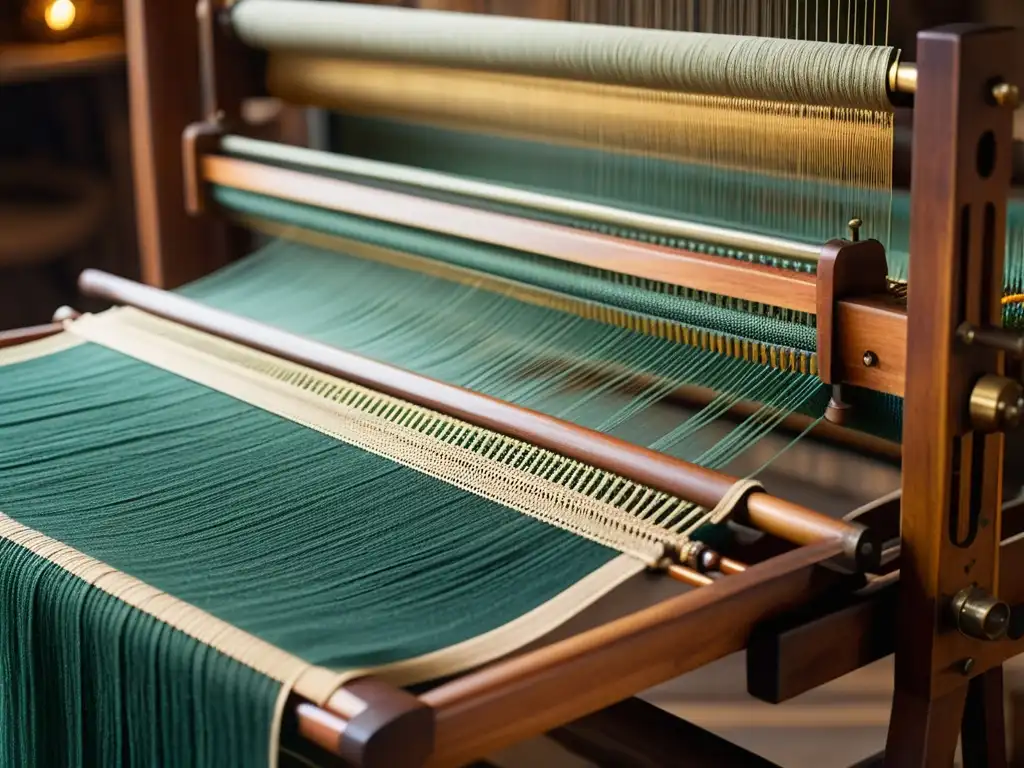 Integración de IA en fabricación textil artesanal: Antiguo telar de madera iluminado en taller artesanal, resaltando la intrincada artesanía