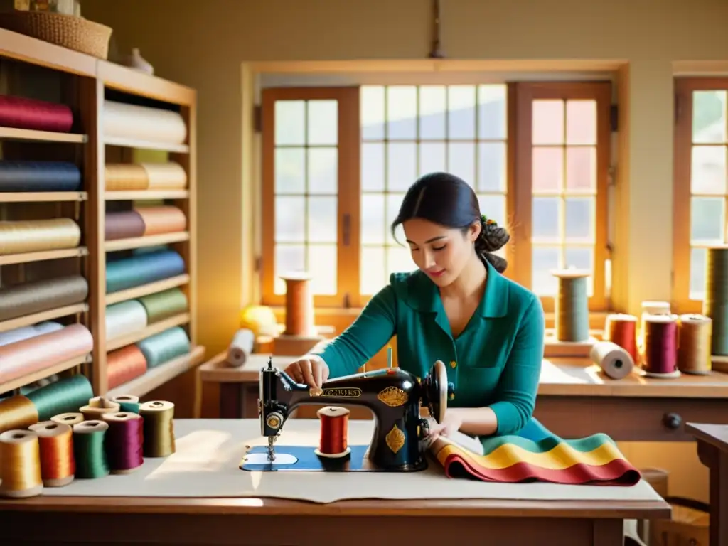 Inteligencia artificial en diseño de moda artesanal: Fotografía vintage de un artesano cosiendo a mano en un taller soleado y nostálgico