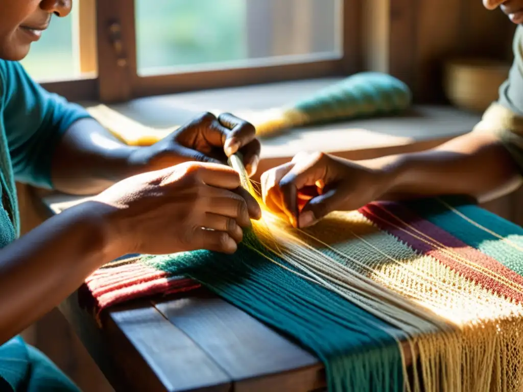 Intercambio de habilidades artesanales en madera, con luz natural y tejido colorido