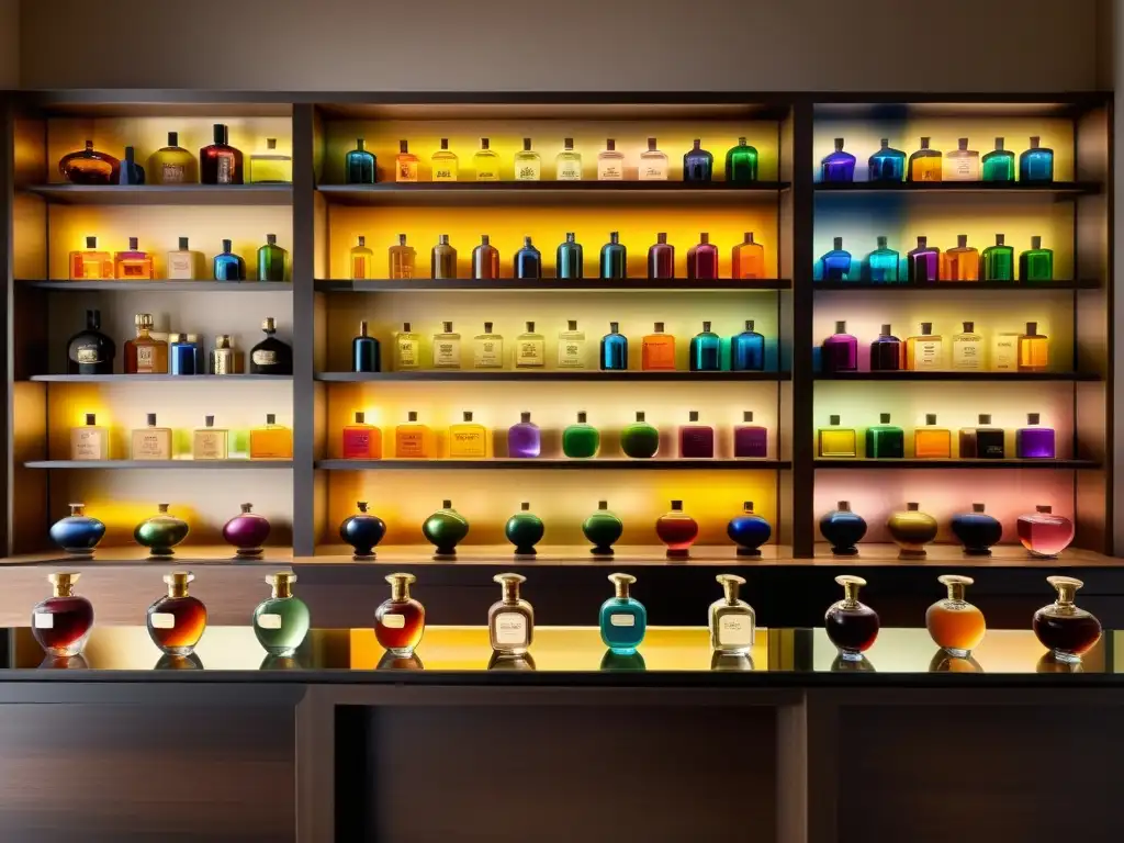 Interior de perfumería artesanal con botellas de vidrio antiguas, arreglos florales y señalética elegante, evocando nostalgia y belleza atemporal