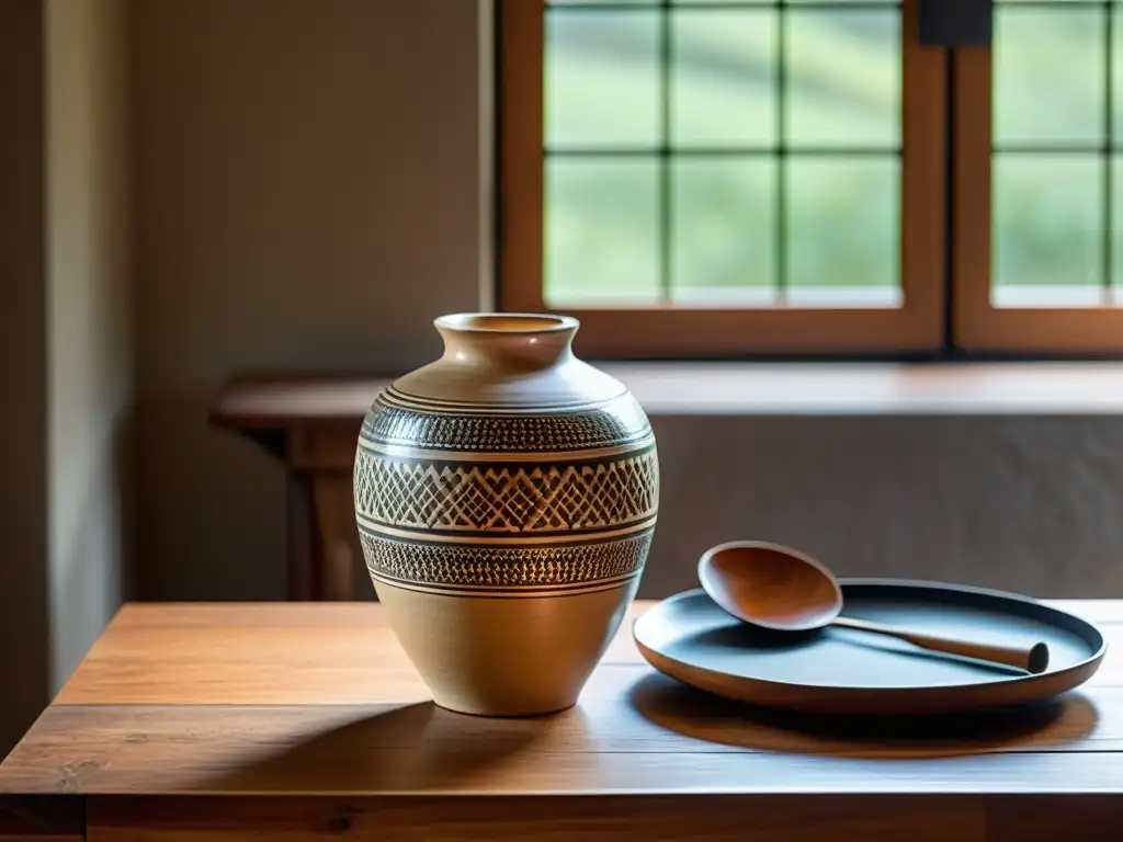 Un jarrón artesanal de cerámica vintage reposa sobre una mesa de madera, iluminado por la cálida luz natural