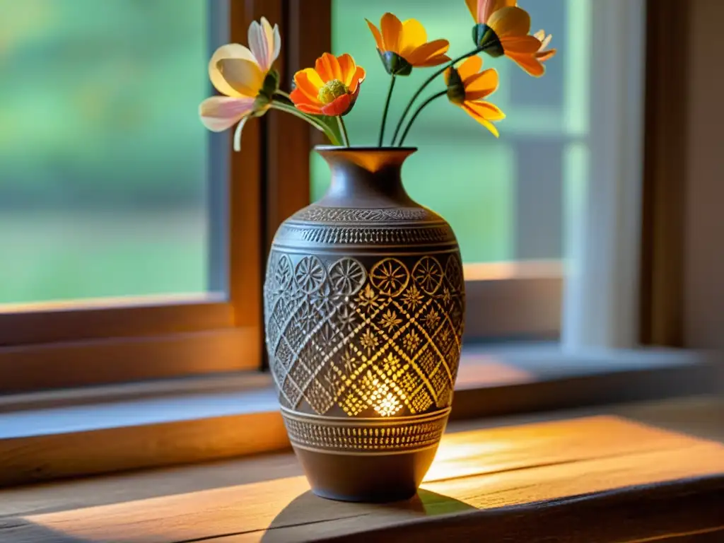 Un jarrón cerámico artesanal con patrones florales, iluminado por la cálida luz del atardecer