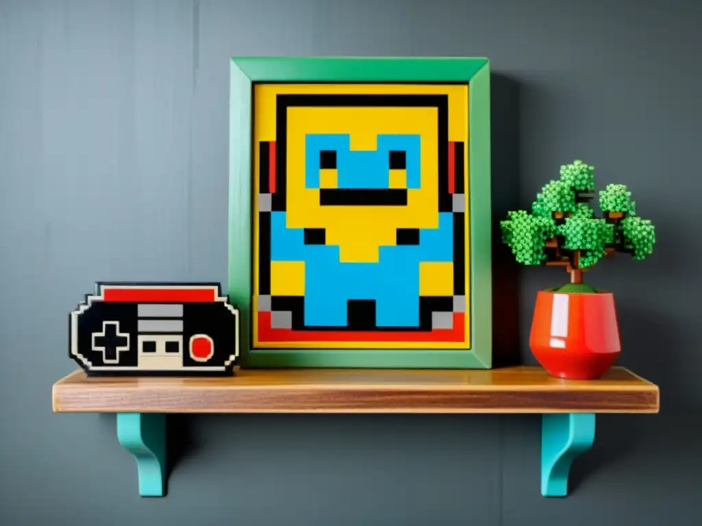 Un jarrón cerámico vintage en forma de personaje de videojuego 8 bits, con detalles pixelados y colores vibrantes