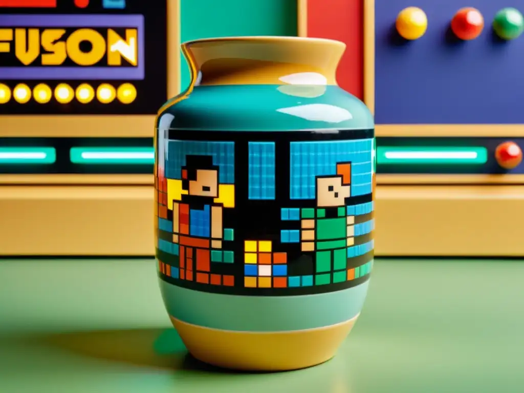 Un jarrón cerámico vintage con personajes de videojuegos pixelados pintados en su superficie, rodeado de máquinas arcade y luces de neón