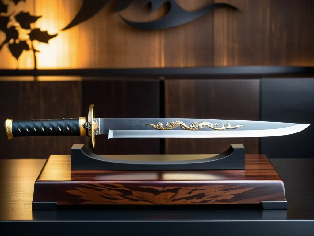 Una katana japonesa descansa sobre un soporte de madera envejecida