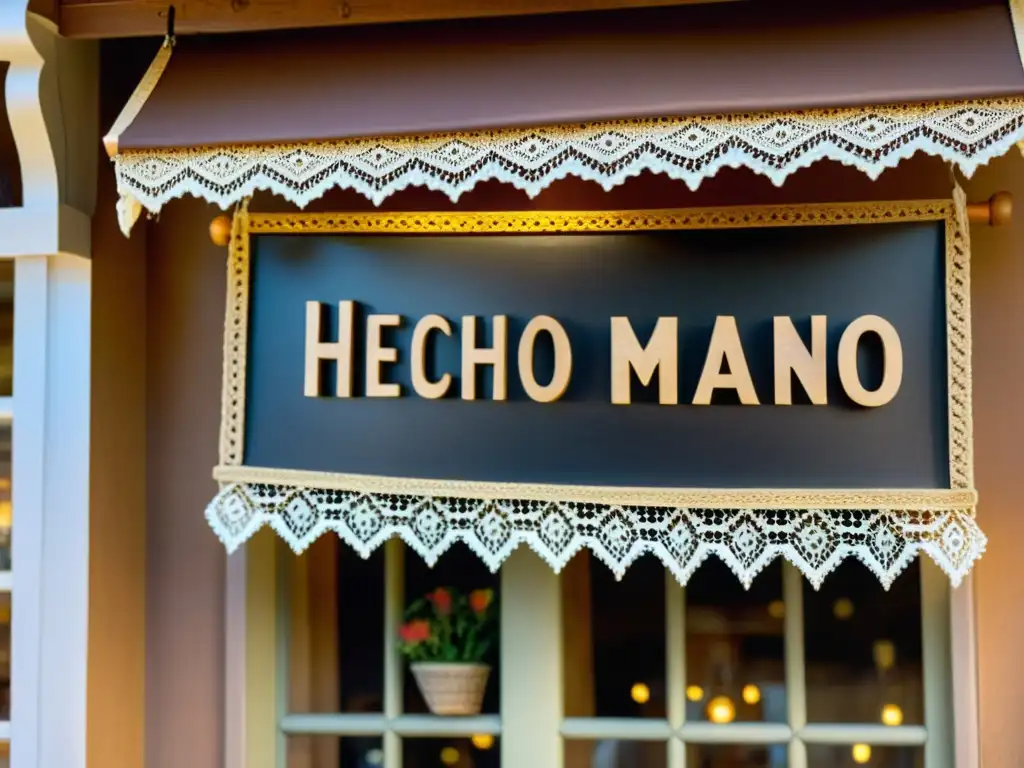 Letrero tallado a mano con la frase 'Hecho a mano' en caligrafía elegante sobre una tienda encantadora con cortinas de encaje vintage y flores