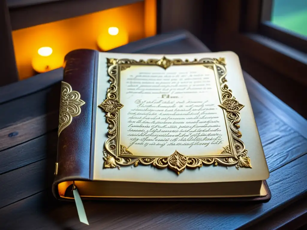 Libro de cuero antiguo con detalles dorados, pluma vintage sobre mesa de madera en ambiente cálido