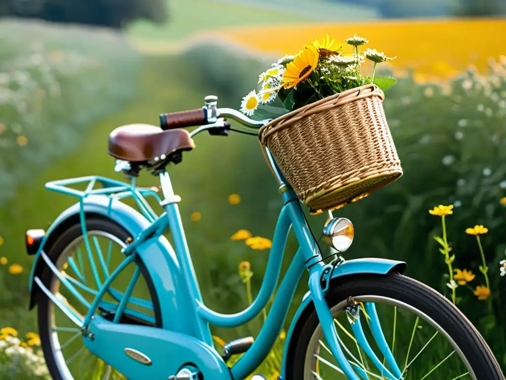 Logística sostenible para artesanía digital: Una bicicleta vintage con cesta en un prado verde, envoltorios eco-friendly, bajo un cielo azul