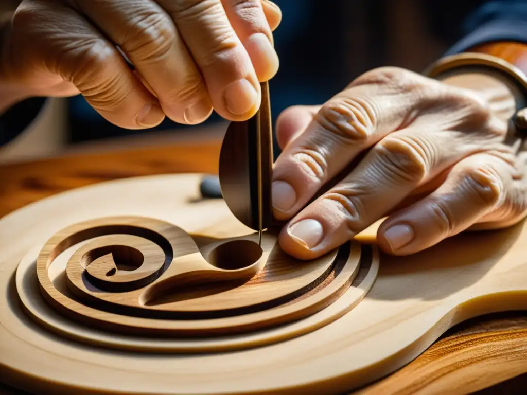 Un luthier experto esculpe con destreza el delicado clavijero de un violín, usando herramientas y técnicas tradicionales