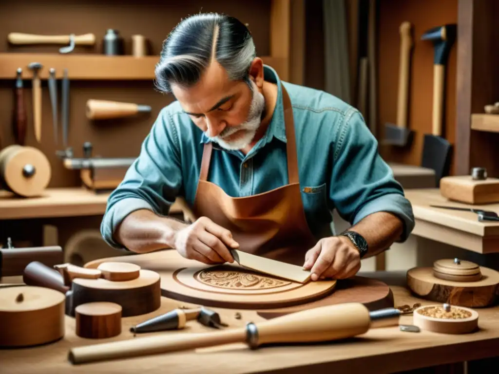 Un luthier experto talla diseños intrincados en madera, rodeado de herramientas y virutas