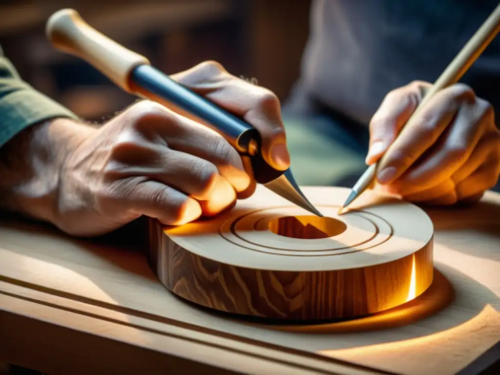 Un luthier experto da forma a una pieza de madera para construir un instrumento musical