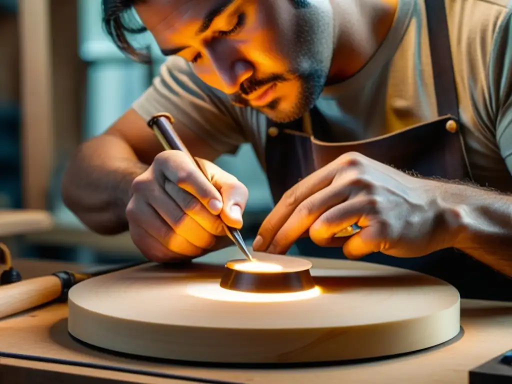 Un luthier experto utiliza herramientas digitales para esculpir una guitarra, combinando técnicas antiguas con tecnología moderna